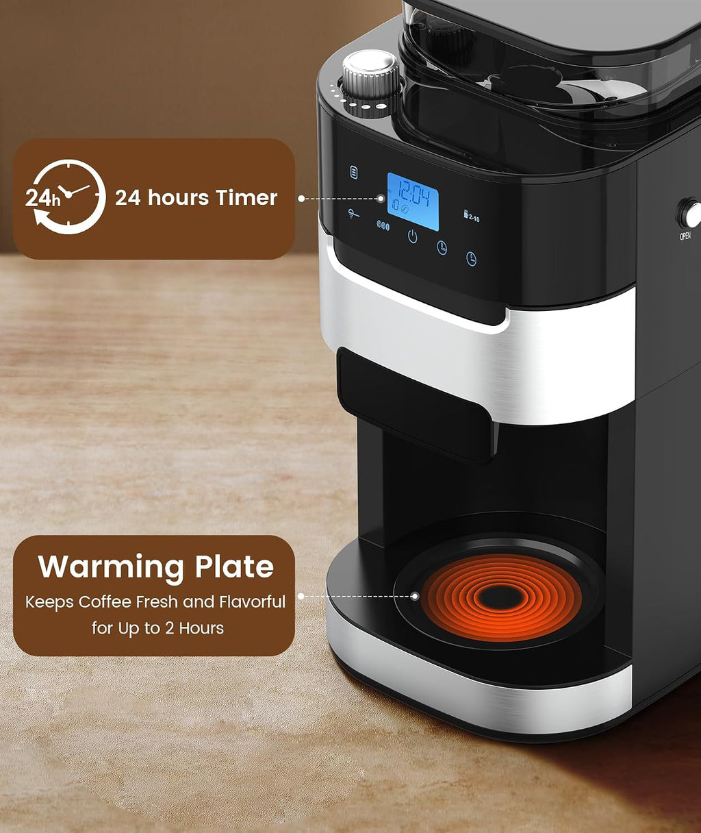COWSAR 10-Cup Drip Coffee Maker with Built-In Grinder, 24-Hour Programmable, Adjustable Grind & Brew, Keep Warm Plate, 50oz Water Reservoir, Ideal for Home & Office - Black - Commercial Performance