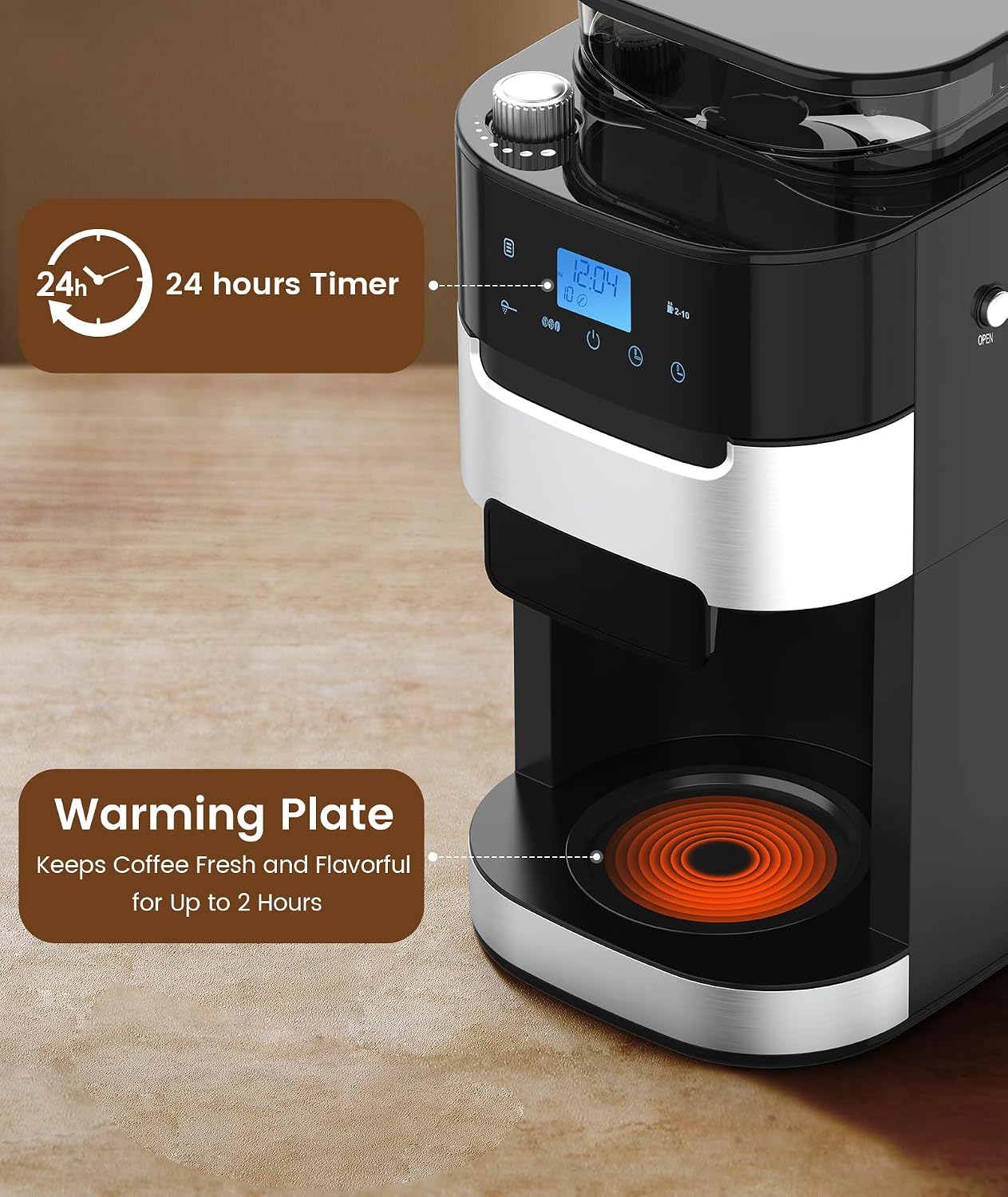 COWSAR 10-Cup Drip Coffee Maker with Built-In Grinder, 24-Hour Programmable, Adjustable Grind & Brew, Keep Warm Plate, 50oz Water Reservoir, Ideal for Home & Office - Black - Commercial Performance