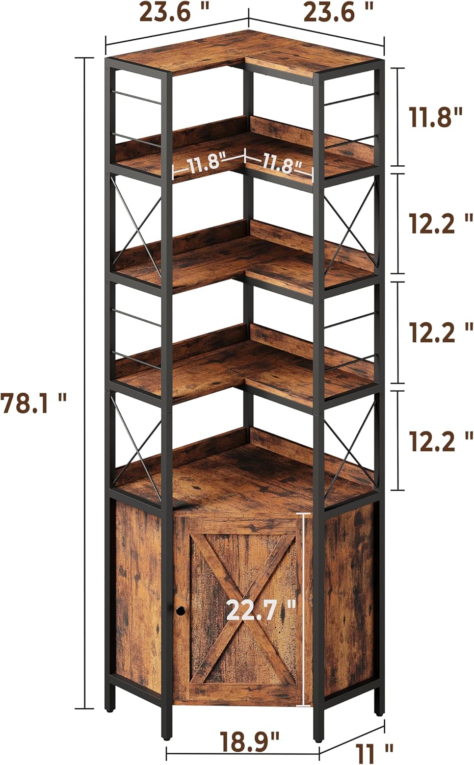 IRONCK Bookshelves 5 Tiers, Corner Bookshelf with Baffles, Bookcase and Bookshelf with Doors, Industrial Display Bookshelves for Living Room, Kitchen