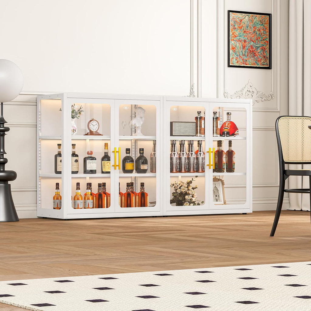 34' Display Cabinet with Glass Doors, 4-Tier Curio Cabinet with Many Color Lights for Collectibles, Glass Display Case, Bookcase with 4 Shelves, Storage Cabinets, White