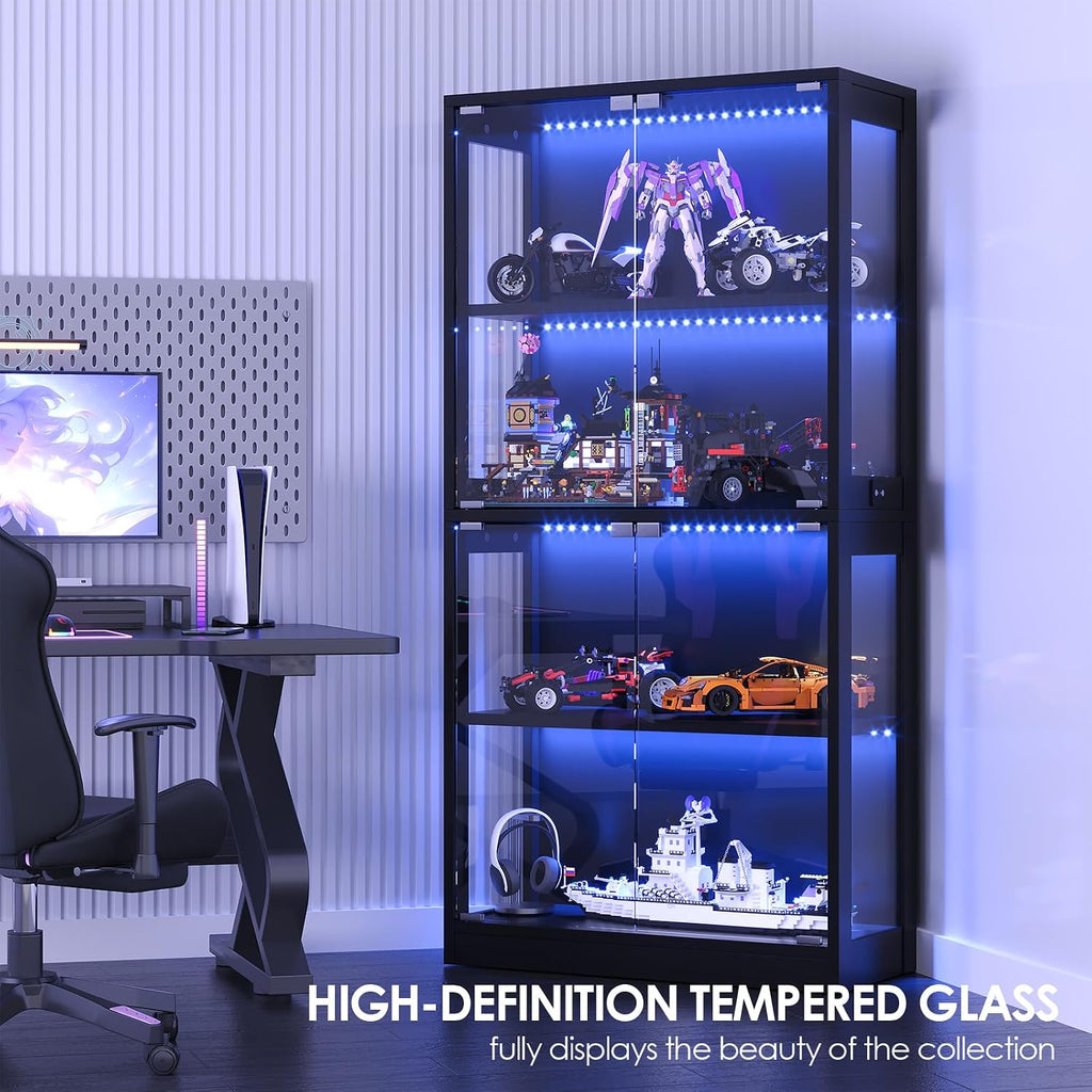 Airynee Display Cabinet with Glass Doors 4-Tier, 7 Vibrant Colors 3 Dynamic Lighting Modes, HD Glass Storage Cabinet with Human Body Sensor for Curio, Trophy, Collectibles (Black)