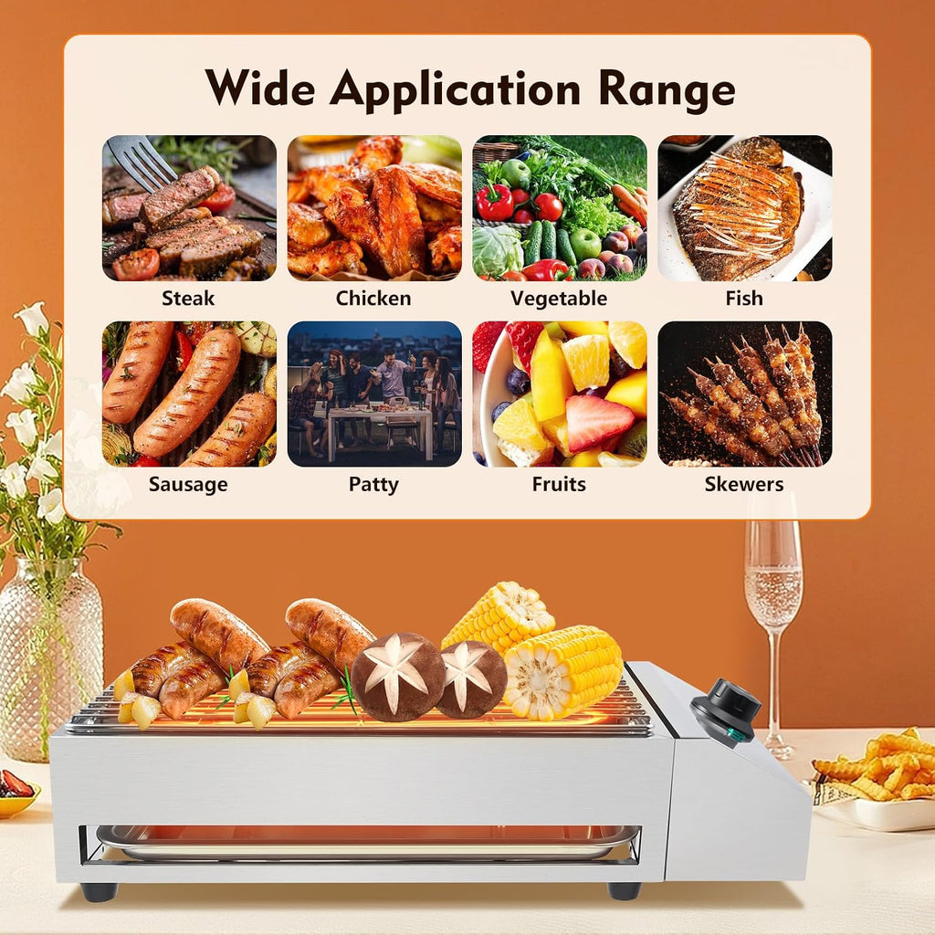 Electric Grill, 1800W Smokeless Indoor Countertop Grill with Adjustable Temperature and Removable Grill Rack, Stainless Steel for Family Gatherings and Camping