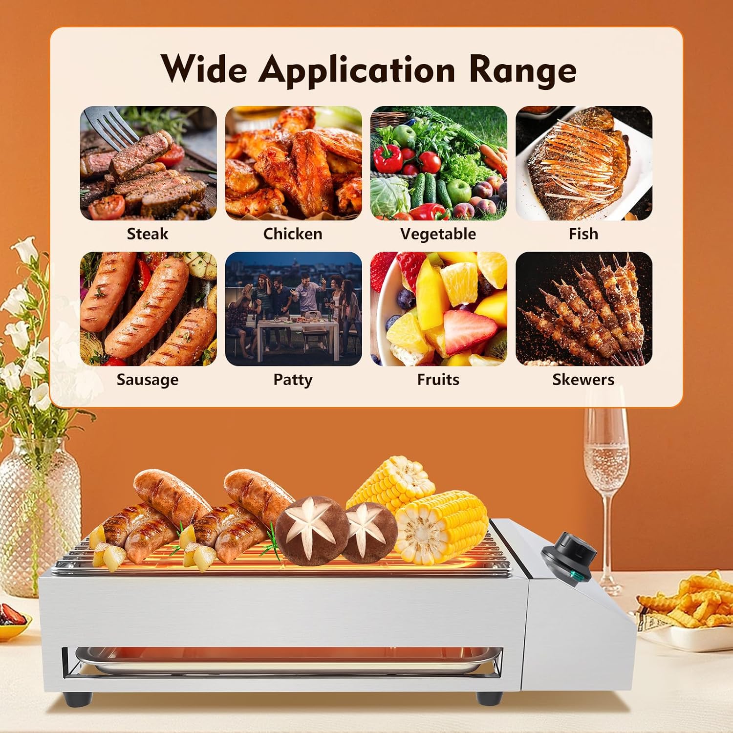 Electric Grill, 1800W Smokeless Indoor Countertop Grill with Adjustable Temperature and Removable Grill Rack, Stainless Steel for Family Gatherings and Camping