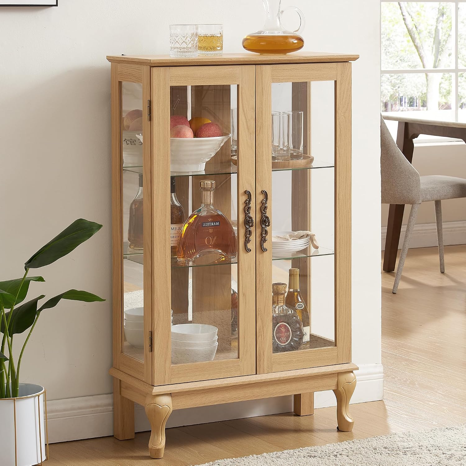 43'H Lighted Display Curio Cabinet, 3-Tier Glass Accent Storage Cabinet Curio Showcase w/ 2 Doors & Adjustable Shelves, Wine Artwork Storage Rack w/ Mirrored Back Panel for Living Room (Light Oak)