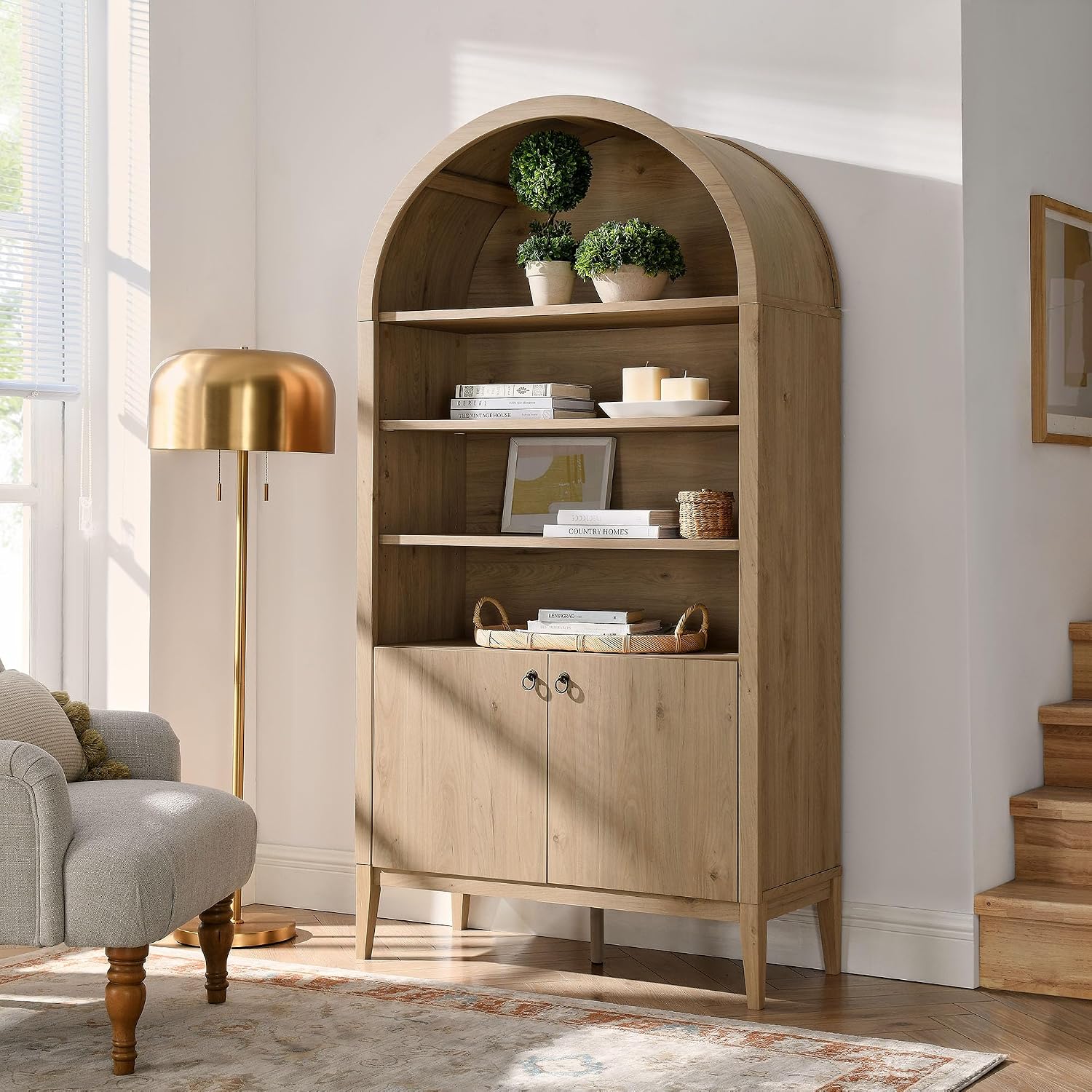 Modway Nolan Tall Arched Storage Display Cabinet in Light Oak - 74 Inch Arch Bookshelf with Open and Closed Shelving - Modern Accent Cabinet for Living Room, Dining Room