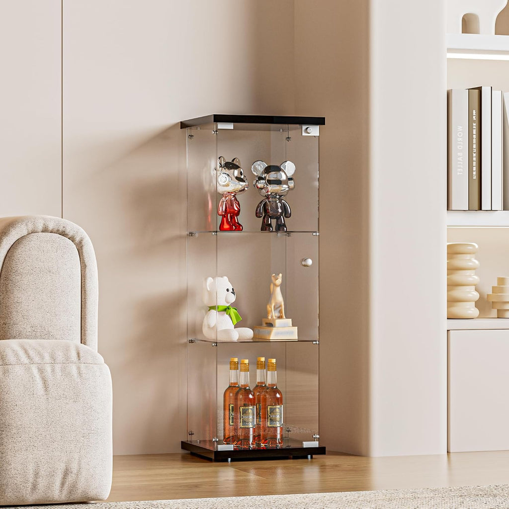 FANYUSHOW 3-Shelf Glass Display Cabinet with Door, Upgraded Quick-Install Style Curio Cabinets 5mm Tempered Glass Floor Standing Bookshelf for Bedroom, Living Room 49.1'x 16.7'x 14.3' Black
