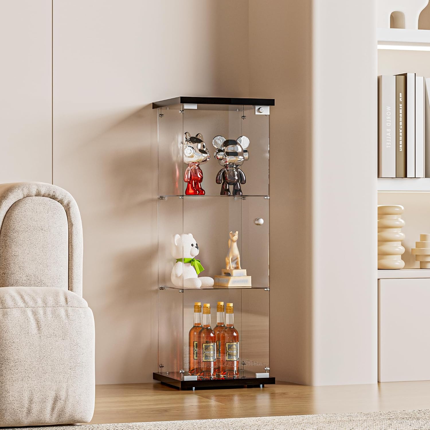 FANYUSHOW 3-Shelf Glass Display Cabinet with Door, Upgraded Quick-Install Style Curio Cabinets 5mm Tempered Glass Floor Standing Bookshelf for Bedroom, Living Room 49.1'x 16.7'x 14.3' Black