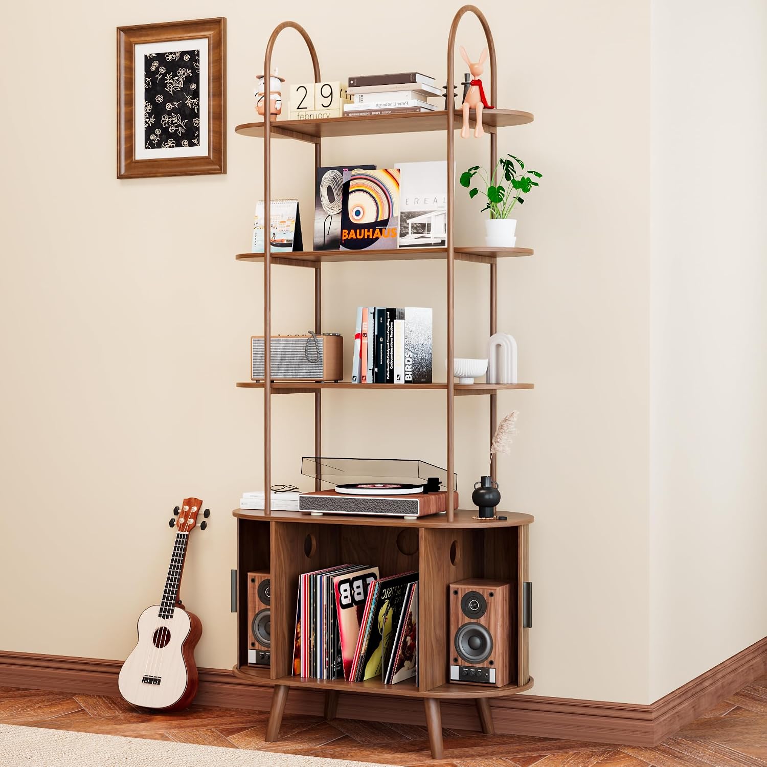 Tall Vinyl Record Player Stand, 4 Tier Arched Bookshelf with Sliding Doors, Retro Small Record Storage Cabinet, Fluted Media Display Shelf, Mid Century Modern Turntable Stand for Living Room, Walnut
