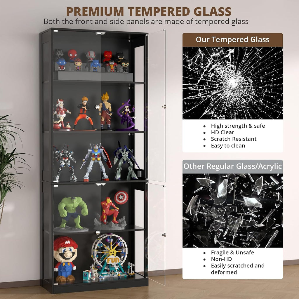 VOWNER 80'' Display Cabinet with Glass Door, 5-Tier Curio Cabinet for Collectibles Trophy, Glass Display Case with Human Body Sensor, 3 Color Lights, Bookcase Storage Cabinets for Living Room, Study