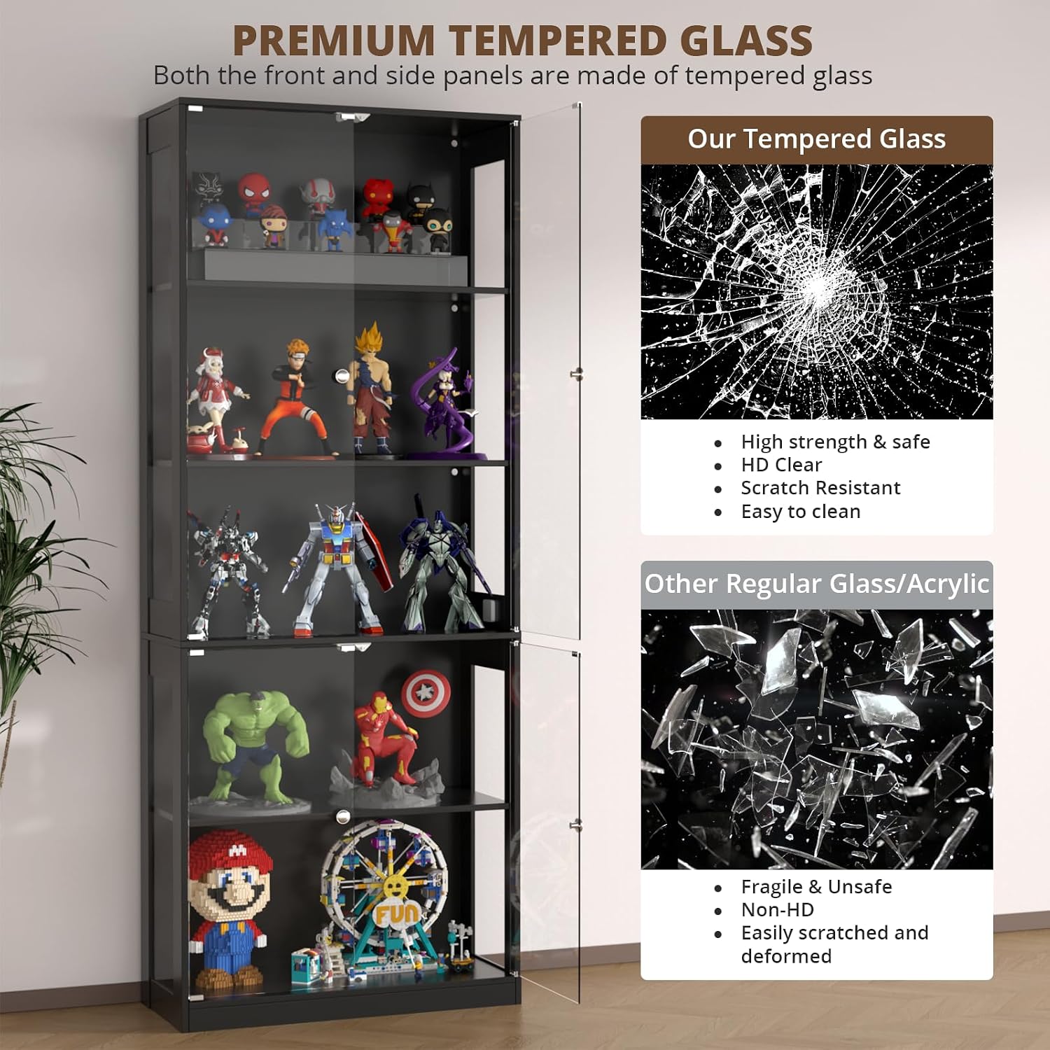 VOWNER 80'' Display Cabinet with Glass Door, 5-Tier Curio Cabinet for Collectibles Trophy, Glass Display Case with Human Body Sensor, 3 Color Lights, Bookcase Storage Cabinets for Living Room, Study