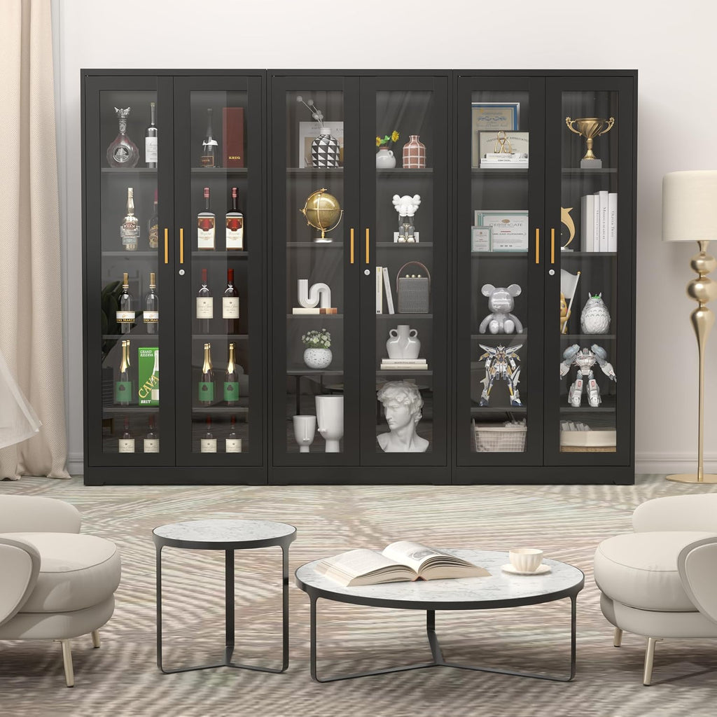SteeLoong 71' Glass Display Cabinet with Lock,Curio Cabinet with Glass Doors, Metal Display Case with 4 Adjustable Shelves, Black Bookcase Locking Storage Cabinets for,Liquor,Commercial