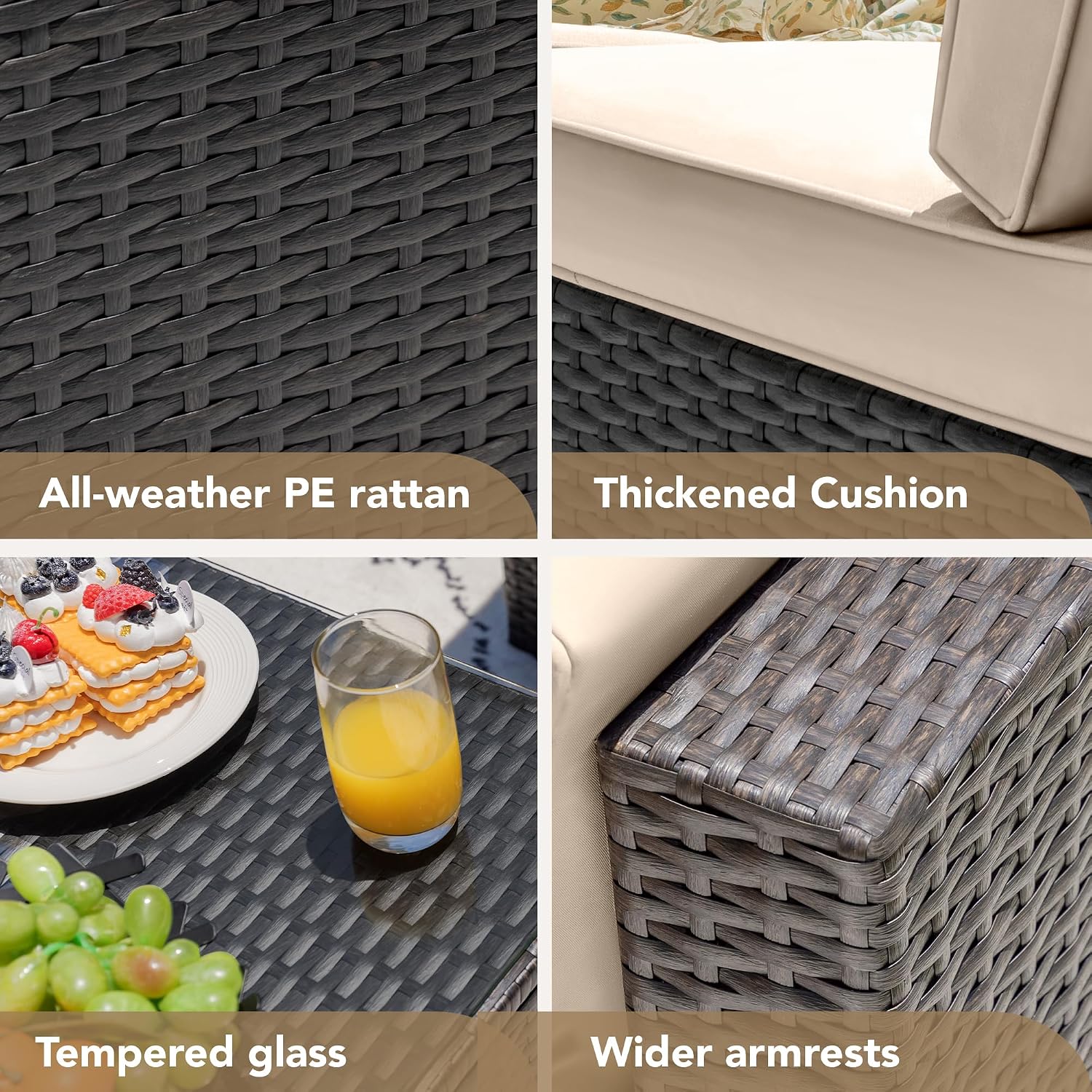Devoko Patio Furniture Sets 6 Pieces Outdoor Sectional Rattan Sofa Manual Weaving Wicker Patio Conversation Set with Glass Table and Cushion (Beige)