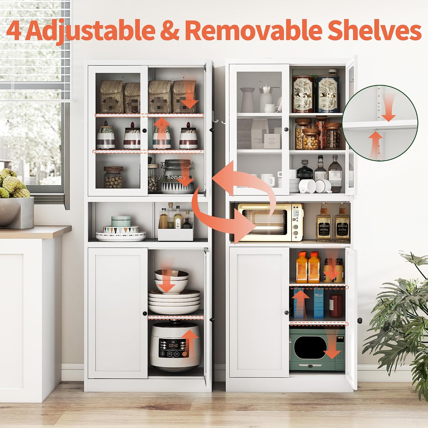 72' Tall Metal Storage Cabinets with 4 Doors and Shelves,White Kitchen Pantry Cabinet,Freestanding Steel Cupboard Display Cabinets for Kitchen,Living,Dining Room,Bathroom,Assembly Required