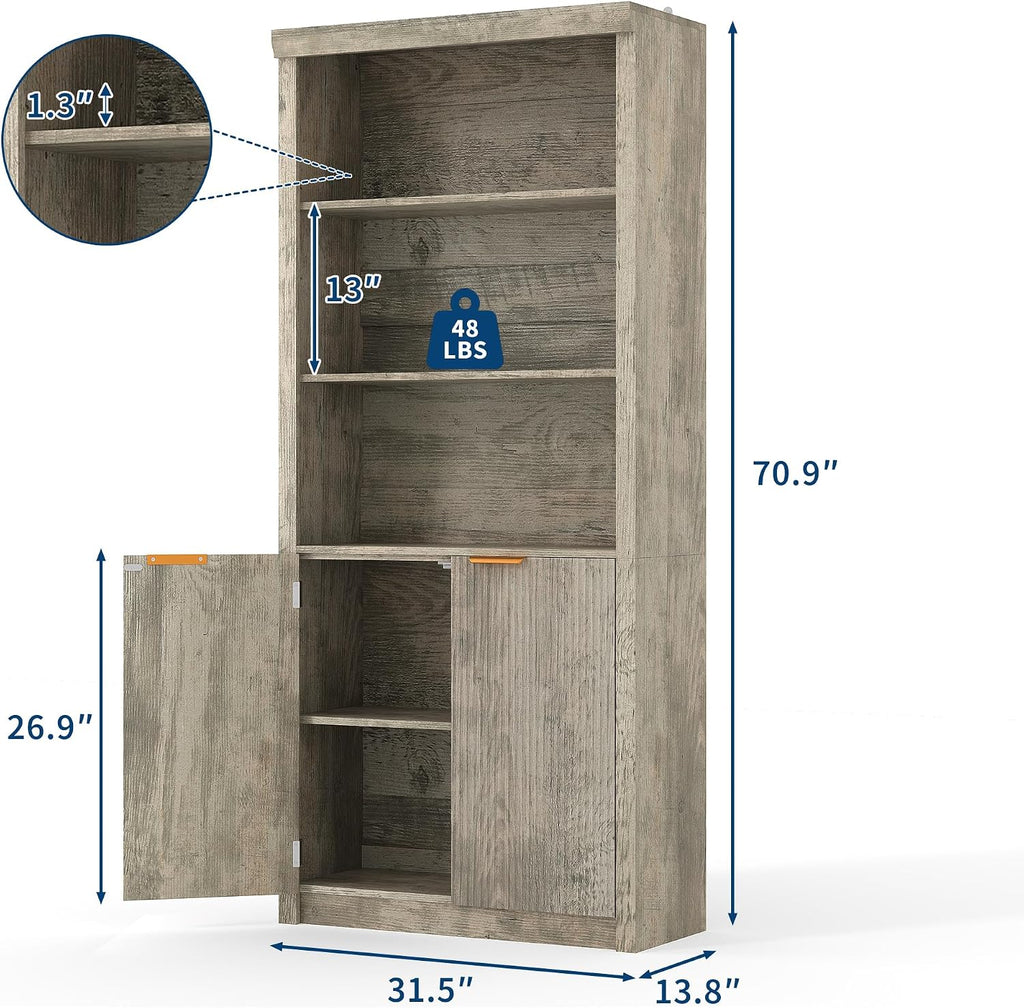 GarveeHome Tall Book Shelf and Bookcase, 31.5' Wide Wooden Bookcase with Doors, Farmhouse Book Case with Large Storage, 5-Shelf Bookcases with Adjustable top Shelve for Home Office, Living Room,Grey