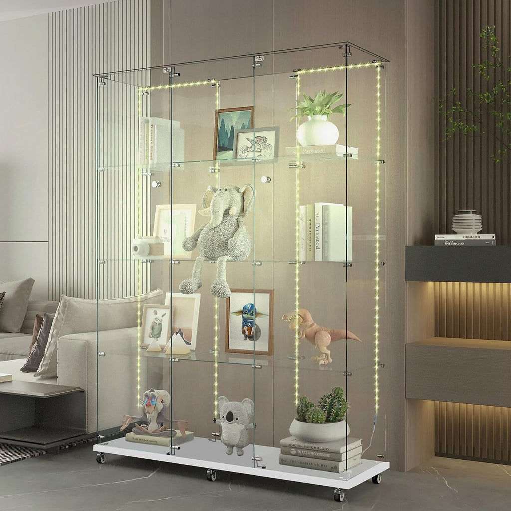 Glass Display Cabinet with 4 Shelves Extra Large,LED Lights and Wheels, Rolling 2 Doors Glass Top Curio Cabinet with Lock 64.88' High Led Curio Display Cabinet Showcase for Living Room,Bedroom,White