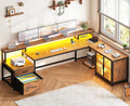 SEDETA 78.7' Large L Shaped Desk with Storage Drawers, Office Desk with File Drawer and Display Cabinet, L Shaped Gaming Desk with Storage, Power Outlet and LED Lights for Home Office, Rustic Brown