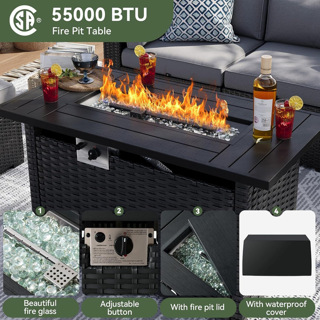 Aoxun 8 Piece Patio Furniture Set with 44' Fire Pit Table Wicker Rattan Sectional Sofa Outdoor Seating with Thickened Cushion, Grey
