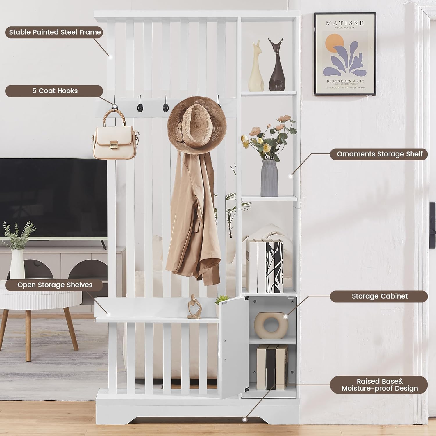 Room Divider with Shelves, Wall Room Divider Bookshelf, Freestanding Wood Privacy Screen with Storage Cabinet, Coat Rack, Display Shelf for Living Room Separation, Home Office Decorative (White)