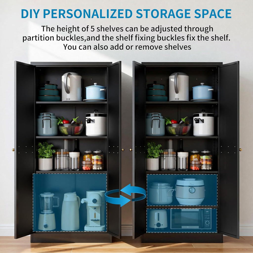 5-Tier Black Steel Pantry Storage Cabinet with 2 Doors & 4 Adjustable Shelves, Tall Metal Cabinets for Kitchen, Living Room, Garage, Heavy Duty Freestanding Utility Cabinet, Assembly Require