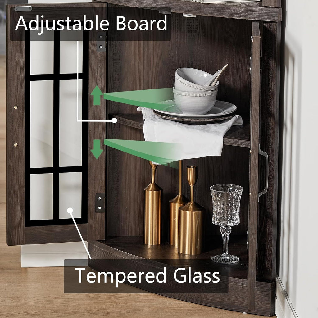 AMERLIFE Curved Corner Storage Cabinet, 65' Tall Freestanding Bookcase with Glass Doors & Adjustable Shelves, 5-Tier Corner Display Cabinet for Living Room, Bathroom, Laundry Room, Espresso