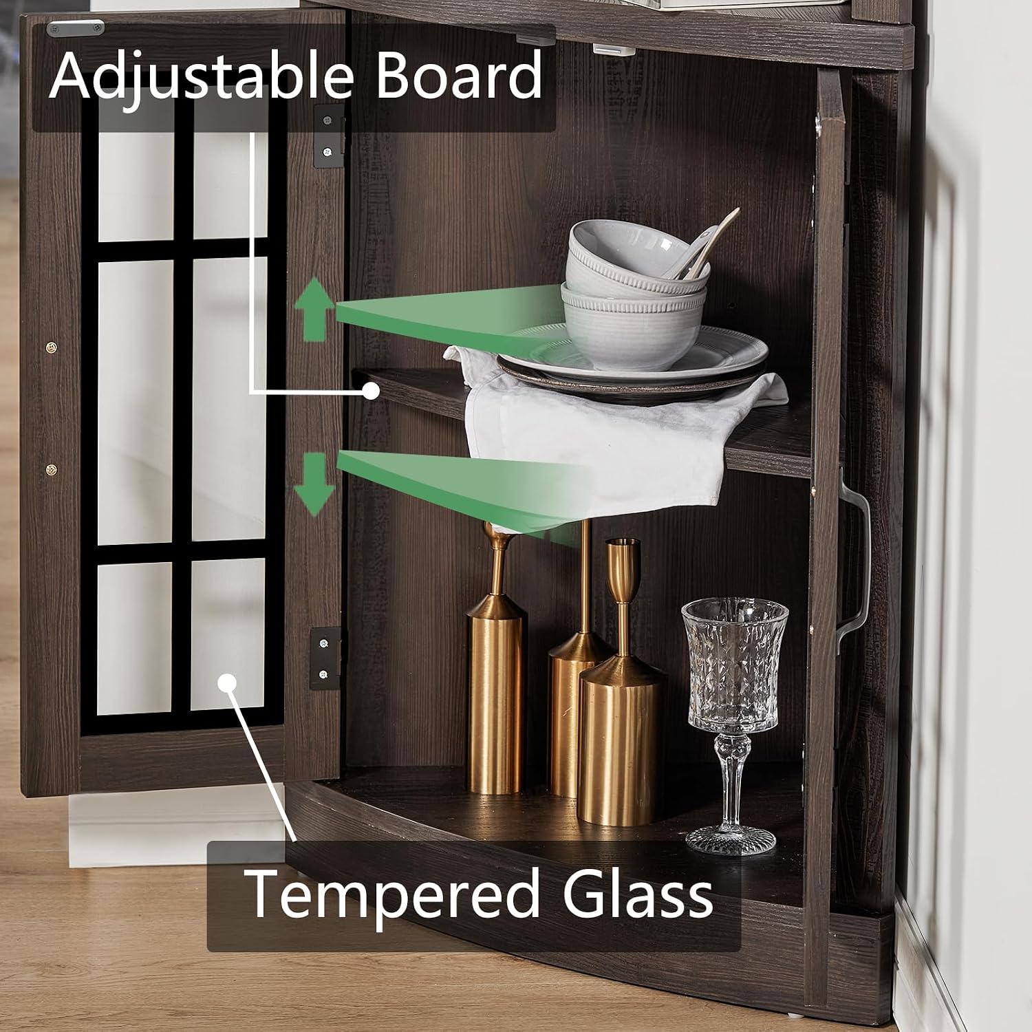 AMERLIFE Curved Corner Storage Cabinet, 65' Tall Freestanding Bookcase with Glass Doors & Adjustable Shelves, 5-Tier Corner Display Cabinet for Living Room, Bathroom, Laundry Room, Espresso
