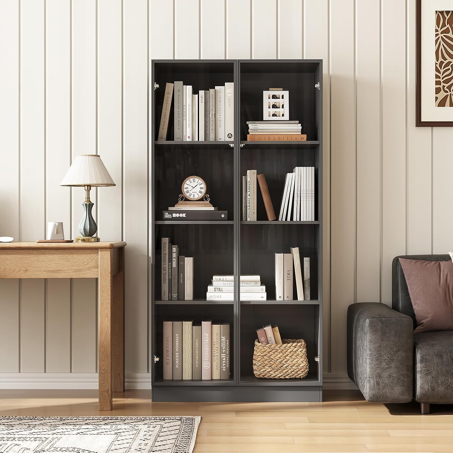 Glass Display Cabinet with LED Lights, Display Case Bookcase with 4-Tier Shelves, Curio Cabinet with 2 Glass Doors, Storage Cabinet for Collectibles, Living Room