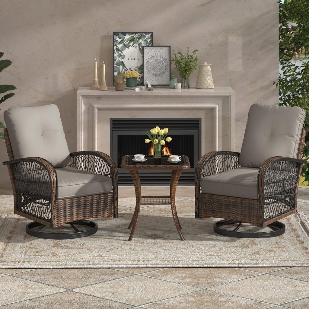 EROMMY 3 Pieces Patio Furniture Set, Outdoor Swivel Rocker Patio Chairs, Wicker Patio Bistro Set with Rocking Chair, Thickened Cushions and Glass Coffee Table for Backyard, Garden, Grey