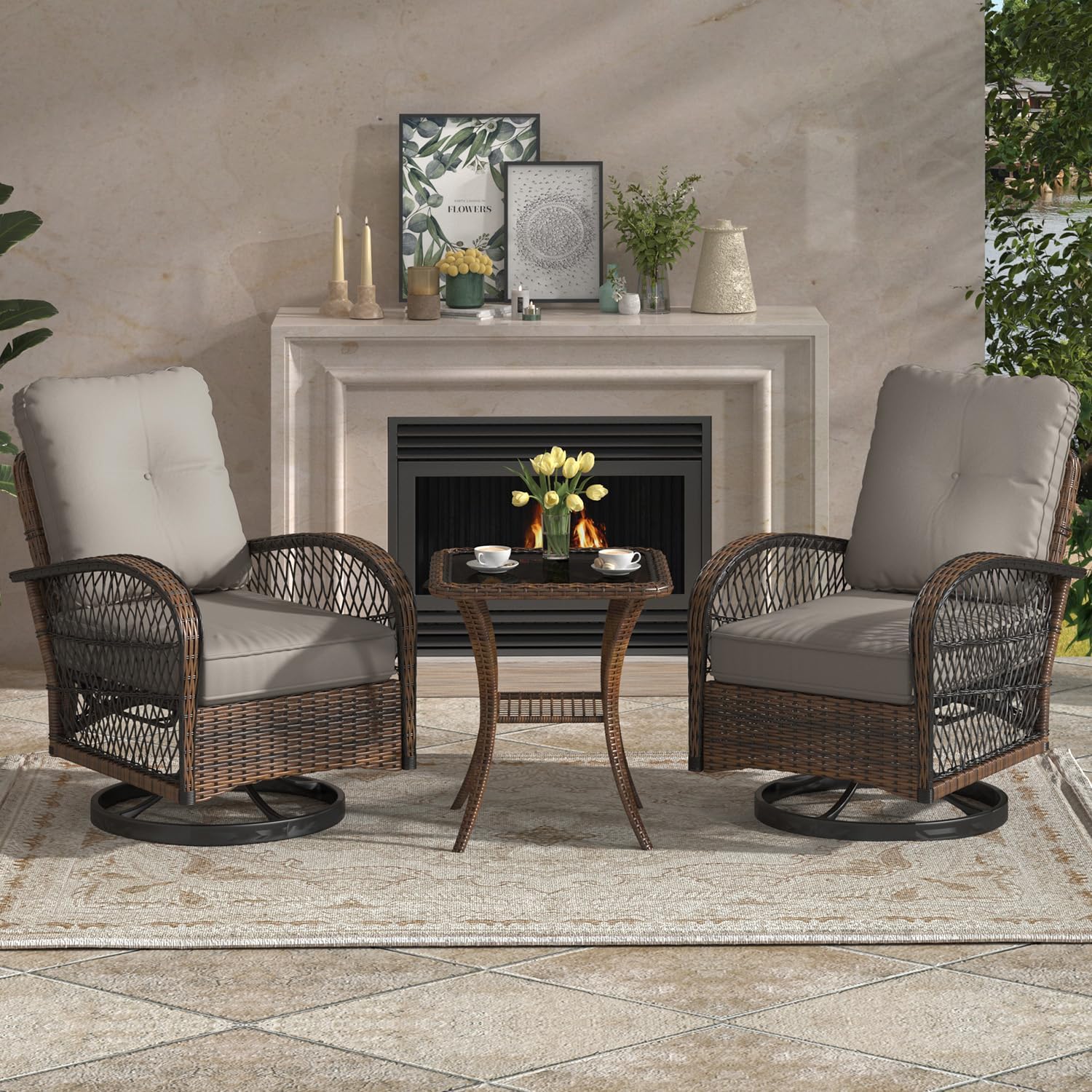 EROMMY 3 Pieces Patio Furniture Set, Outdoor Swivel Rocker Patio Chairs, Wicker Patio Bistro Set with Rocking Chair, Thickened Cushions and Glass Coffee Table for Backyard, Garden, Grey