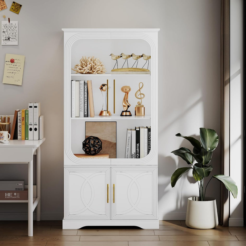 2pc Wood Display Cabinet with Glass Doors, 69' Tall Curio Cabinet with LED Lights, Glass Display Case with Storage and 3 Shelves for Living Room, (White-2)