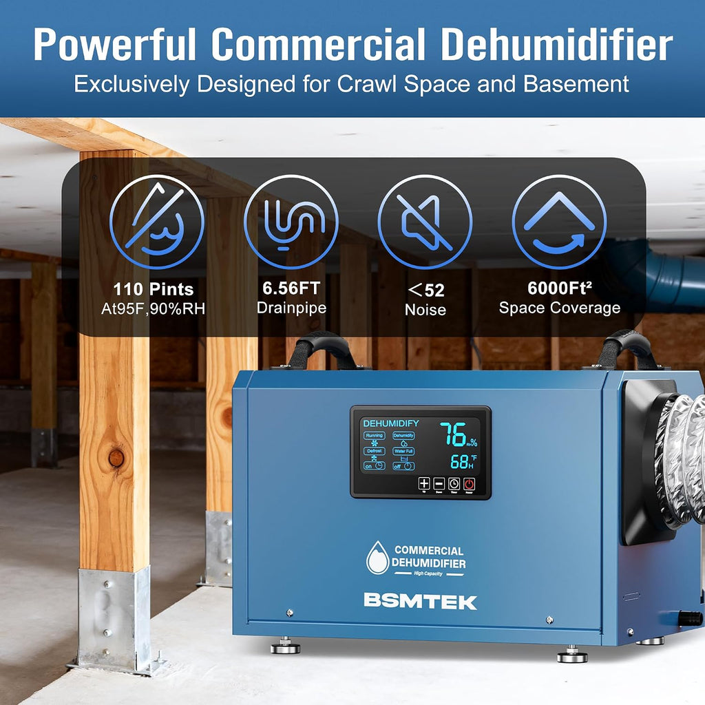 145 Pints Commercial Dehumidifier for Large Basements & Crawl Spaces up to 6500 Sq.Ft, Industrial Dehumidifiers for Water Damage Restoration, Auto Defrost, Continuous Drain Hose, Memory Function, Blue