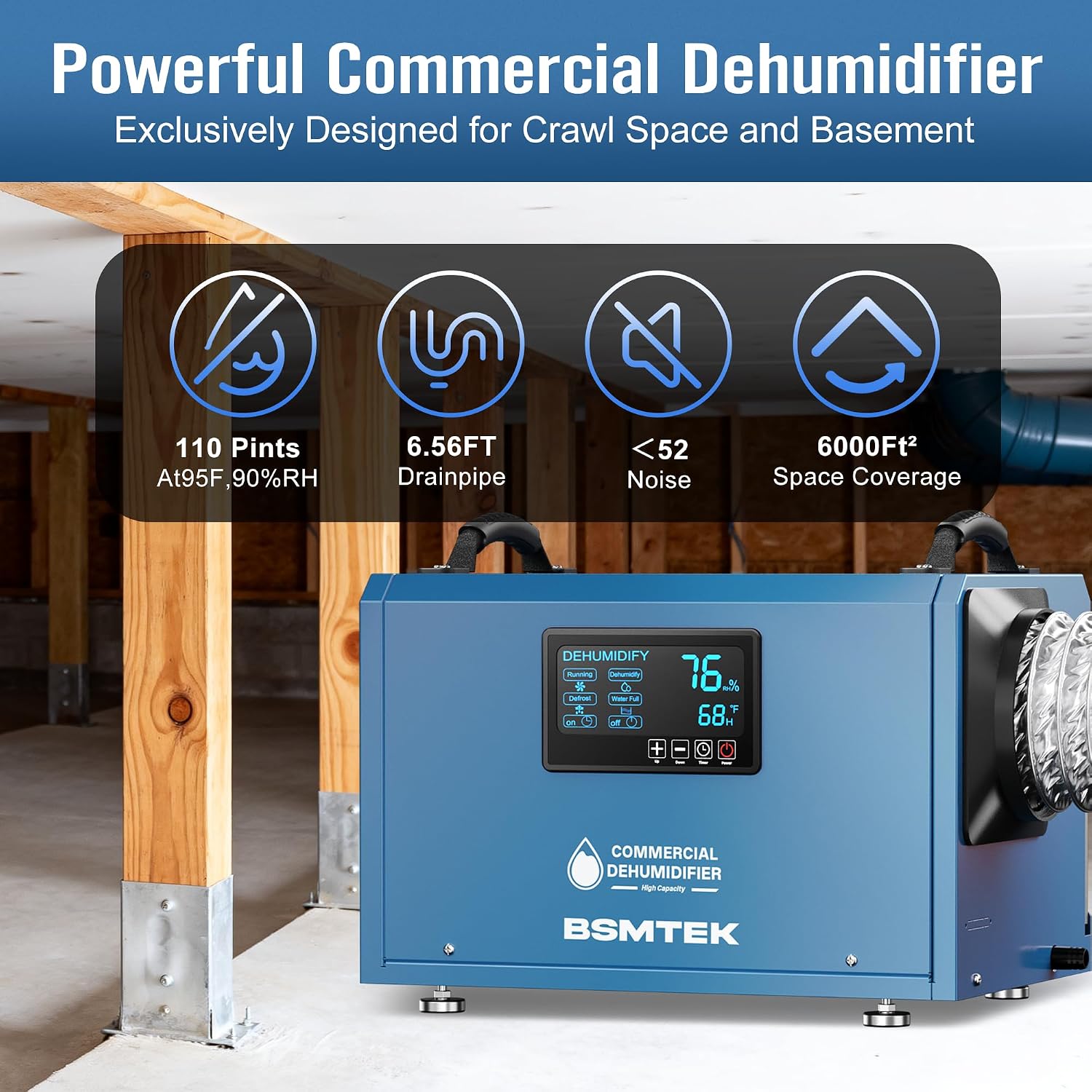 145 Pints Commercial Dehumidifier for Large Basements & Crawl Spaces up to 6500 Sq.Ft, Industrial Dehumidifiers for Water Damage Restoration, Auto Defrost, Continuous Drain Hose, Memory Function, Blue