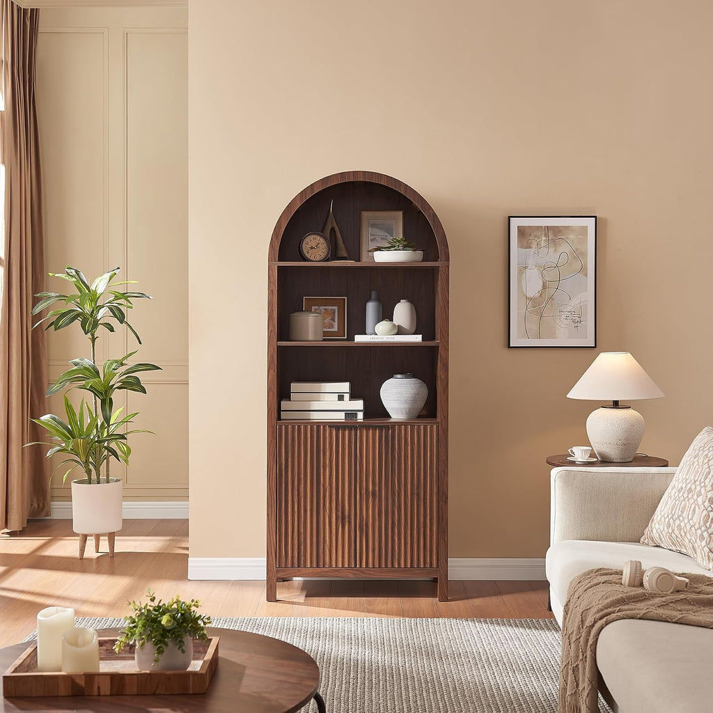 Arched Cabinet Bookshelf Bookcase - 71' Tall Mid Century Arched Display Cabinets, Rounded Bookshelf with Fluted Doors, Open Shelf Storage Cabinet for Dining Room (Walnut)