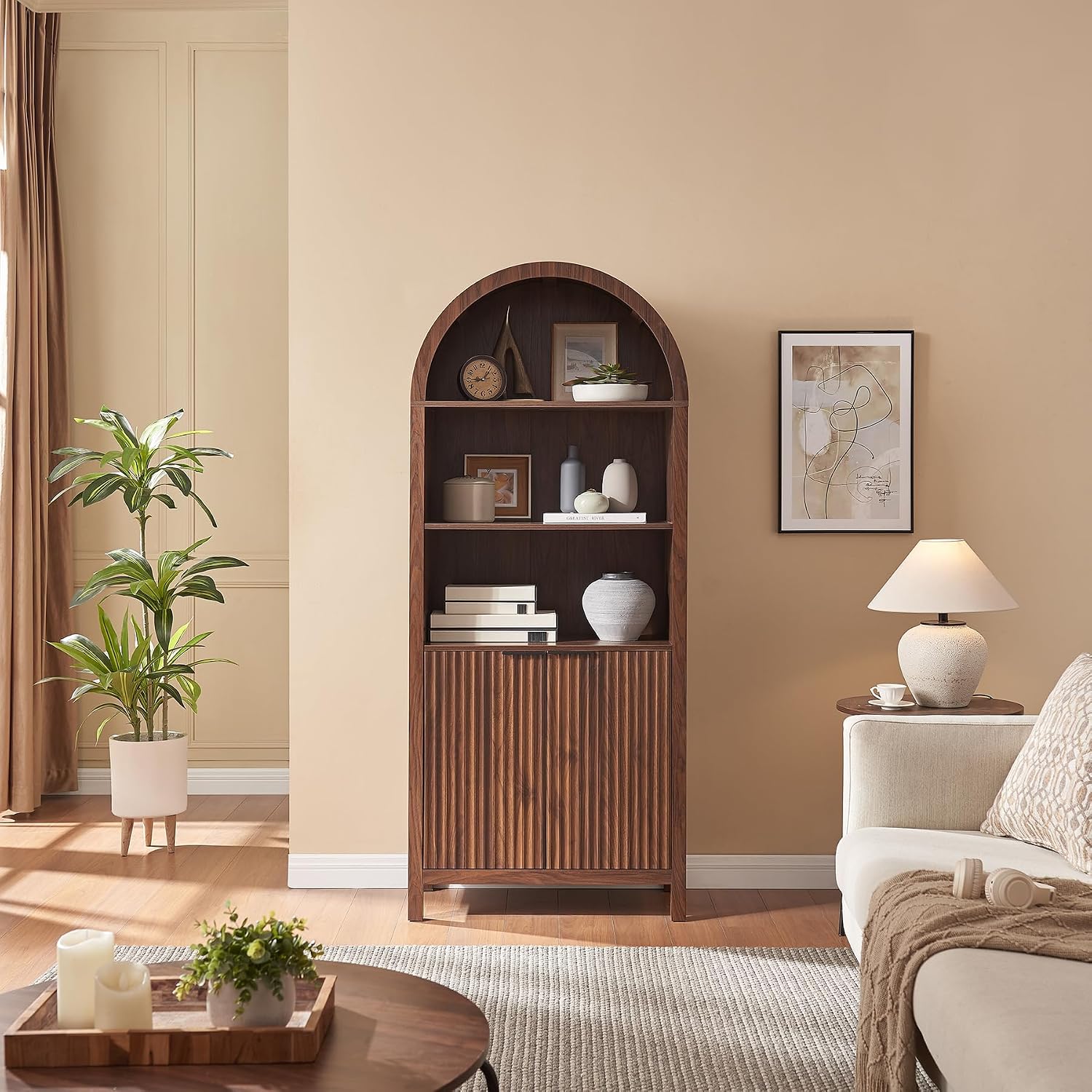 Arched Cabinet Bookshelf Bookcase - 71' Tall Mid Century Arched Display Cabinets, Rounded Bookshelf with Fluted Doors, Open Shelf Storage Cabinet for Dining Room (Walnut)