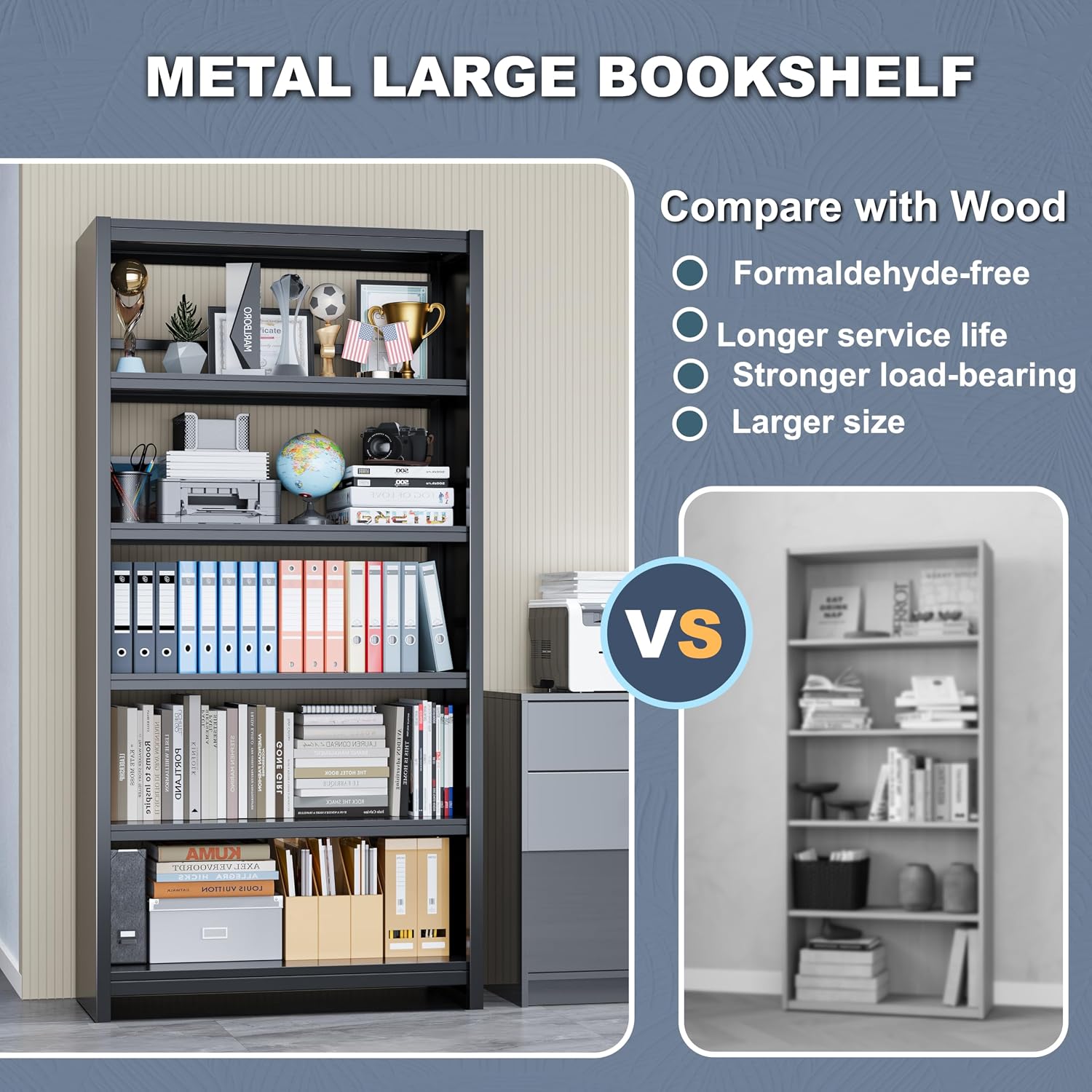 5 Tier Metal Bookshelf, Black 69' Tall Bookcase, Large Heavy Duty Book Shelves, Industrial Wide Book Shelves, Display Storage Shelves for Library Bedroom Living Room Office