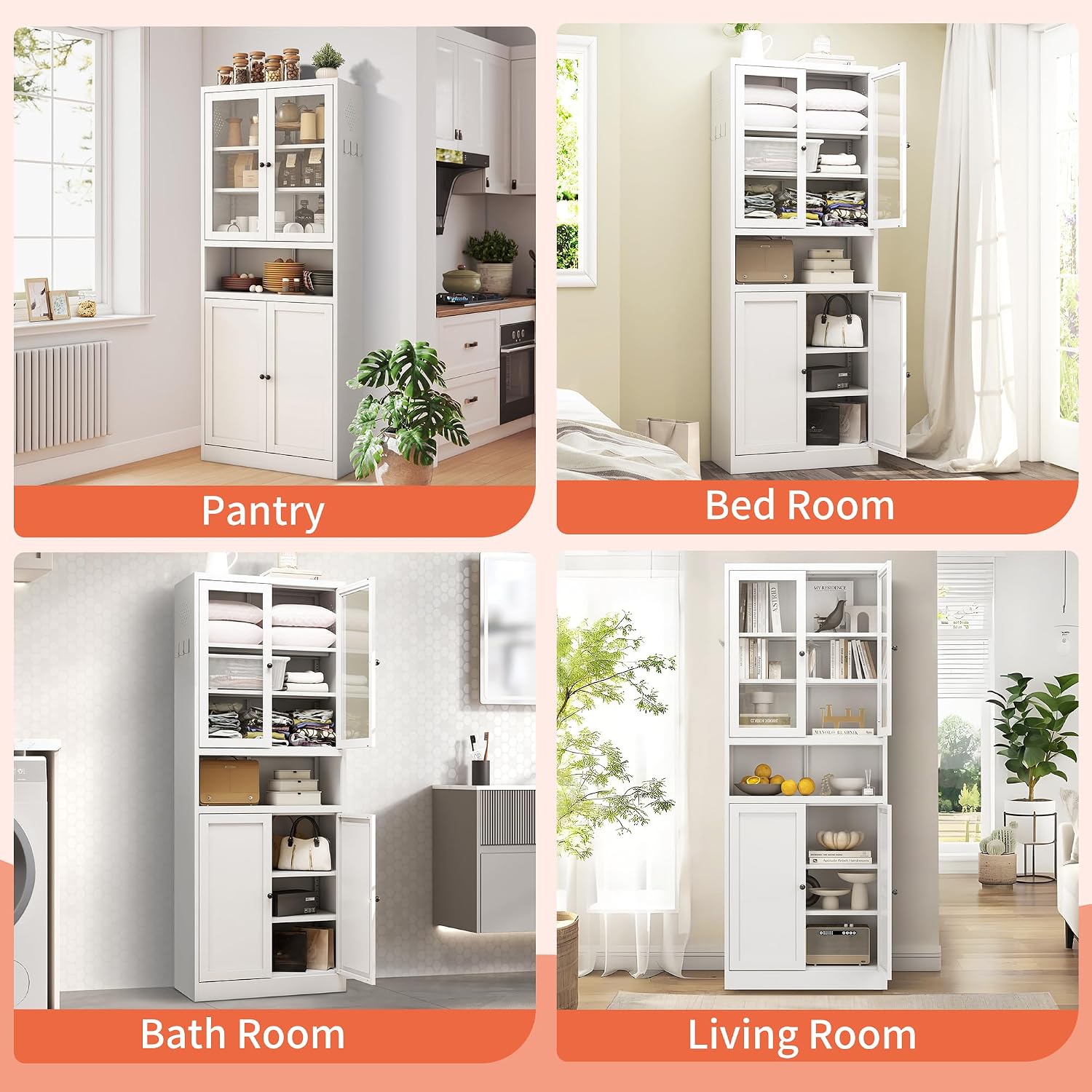 72' Tall Metal Storage Cabinets with 4 Doors and Shelves,White Kitchen Pantry Cabinet,Freestanding Steel Cupboard Display Cabinets for Kitchen,Living,Dining Room,Bathroom,Assembly Required