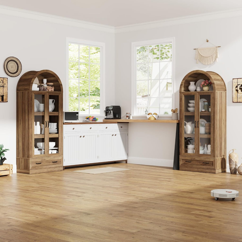 75' Tall Arched Kitchen Pantry Cabinet w Load-Bearing Steel Pipe,Modern Farmhouse Kitchens Storage Cabinet with Drawer and Glass Doors,Tall Arched Bookcase,Pantry Organizer for Living Room(Natural)