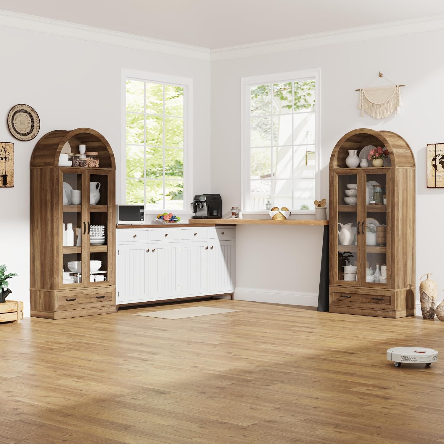 75' Tall Arched Kitchen Pantry Cabinet w Load-Bearing Steel Pipe,Modern Farmhouse Kitchens Storage Cabinet with Drawer and Glass Doors,Tall Arched Bookcase,Pantry Organizer for Living Room(Natural)