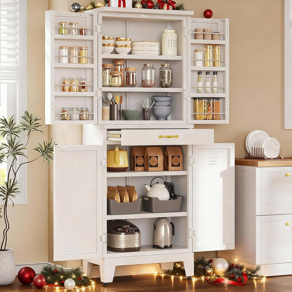 YITAHOME 71' Metal Kitchen Pantry Storage Cabinet with 4 Doors, 4 Adjustable Shelves, 1 Drawer and 8 Door Racks, Tall Freestanding Steel Cupboard for Home Kitchen Living Dining Room, White