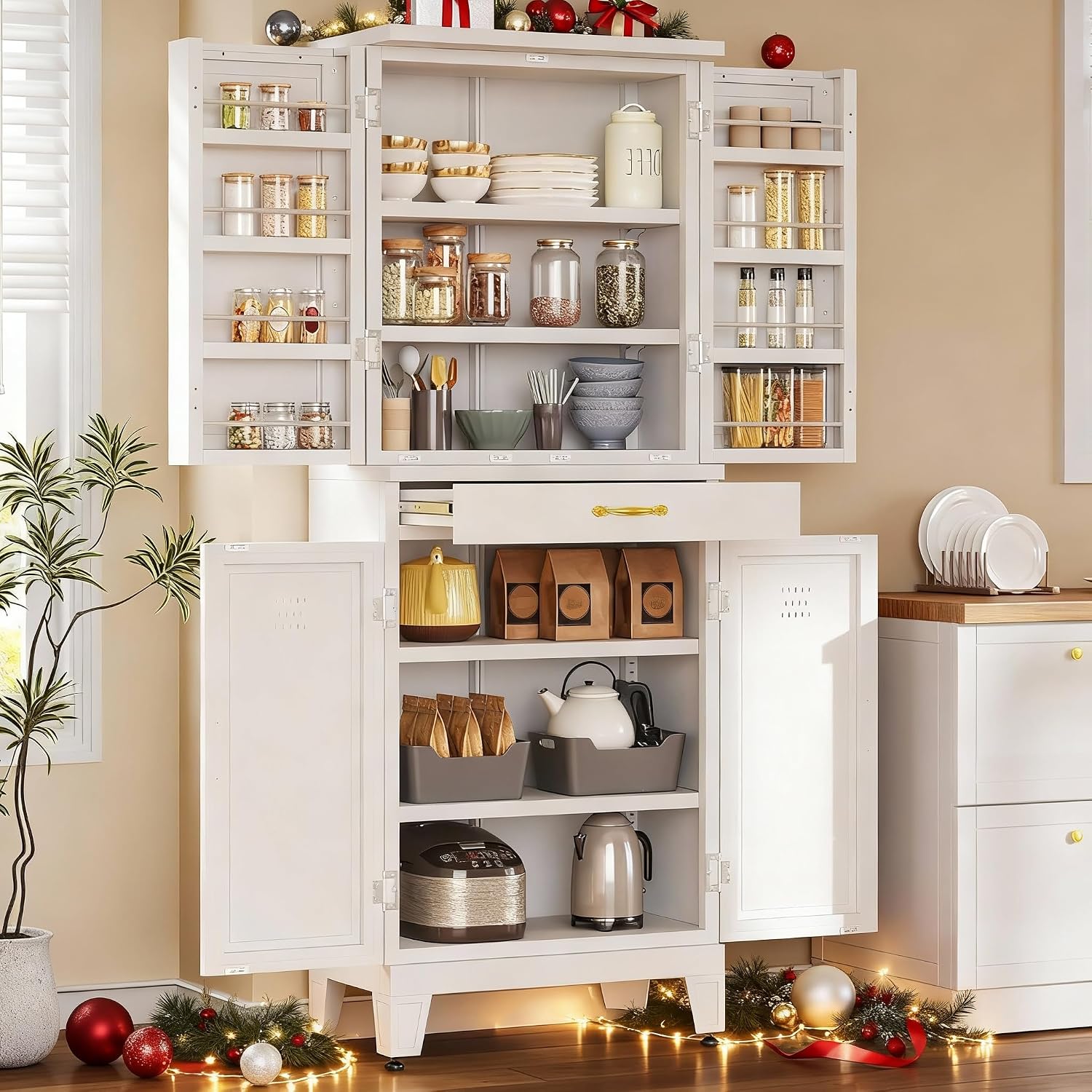 YITAHOME 71' Metal Kitchen Pantry Storage Cabinet with 4 Doors, 4 Adjustable Shelves, 1 Drawer and 8 Door Racks, Tall Freestanding Steel Cupboard for Home Kitchen Living Dining Room, White