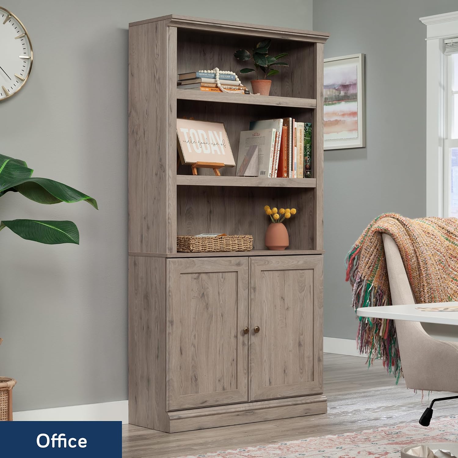 Sauder Miscellaneous Storage 5-Shelf/Book Shelf 2-Door Bookcase, Laurel Oak Finish