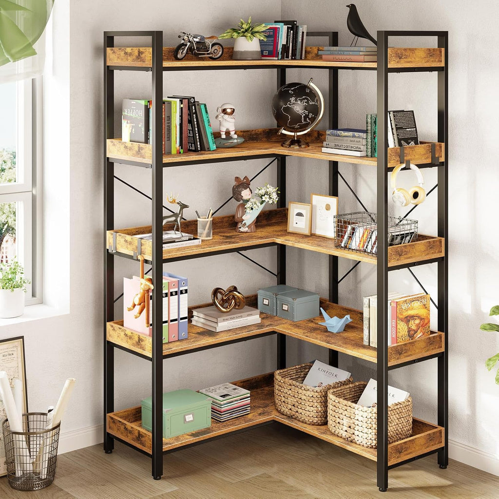 Rolanstar Bookshelf 5 Tier with 4 Hooks, Reversible Corner Bookshelf, 65' Industrial Wooden Bookcase with Open Shelves and Metal Frame for Living Room, Bedroom, Home Office, Rustic Brown