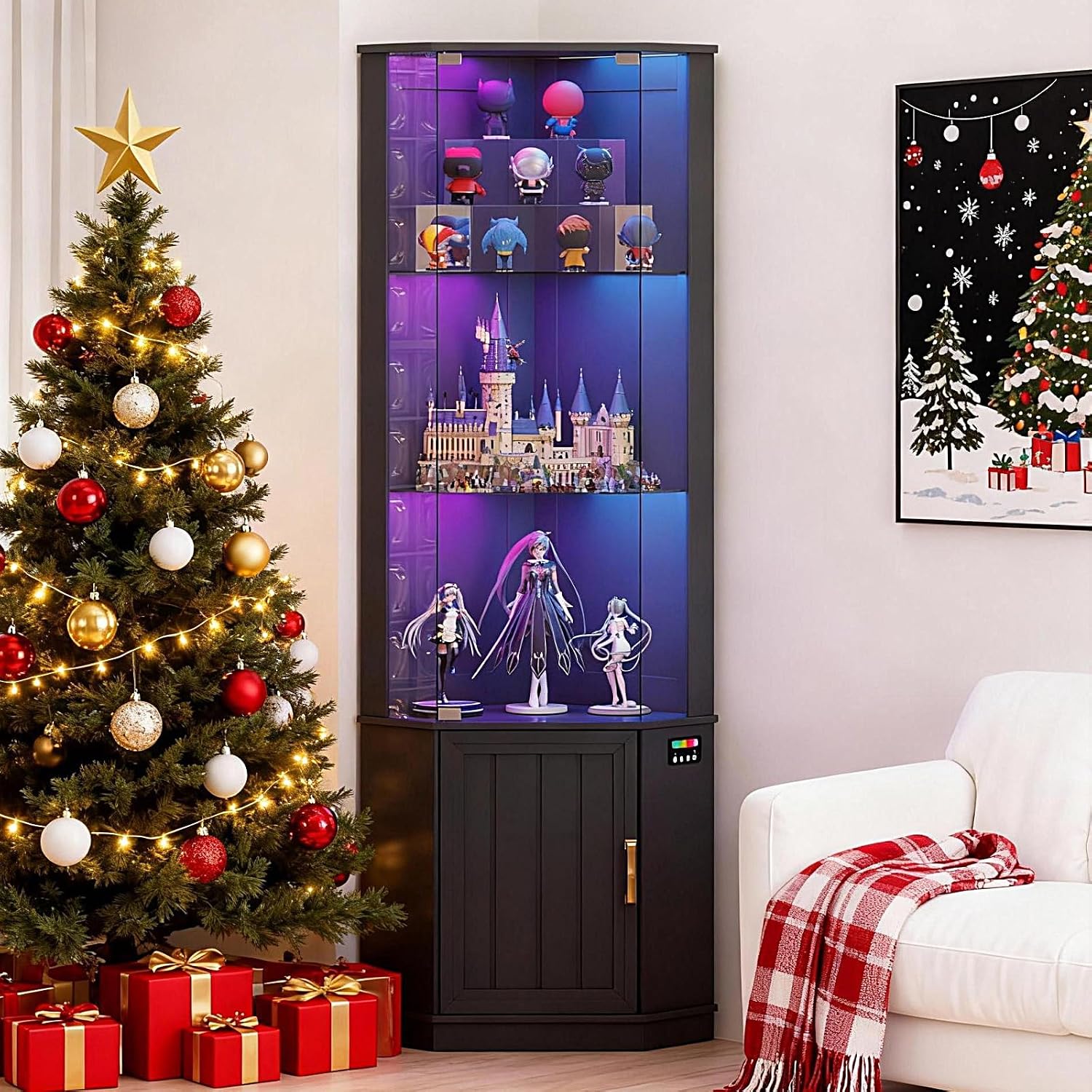 Lvifur 69' Corner Glass Display Cabinet with RGB Lights,3-Tier Movable Glass Shelves,Curio Display with Human Body Sensor,Bookcase with Storage Cabinet for Toys,Books,Collectibles,Liquor,Black