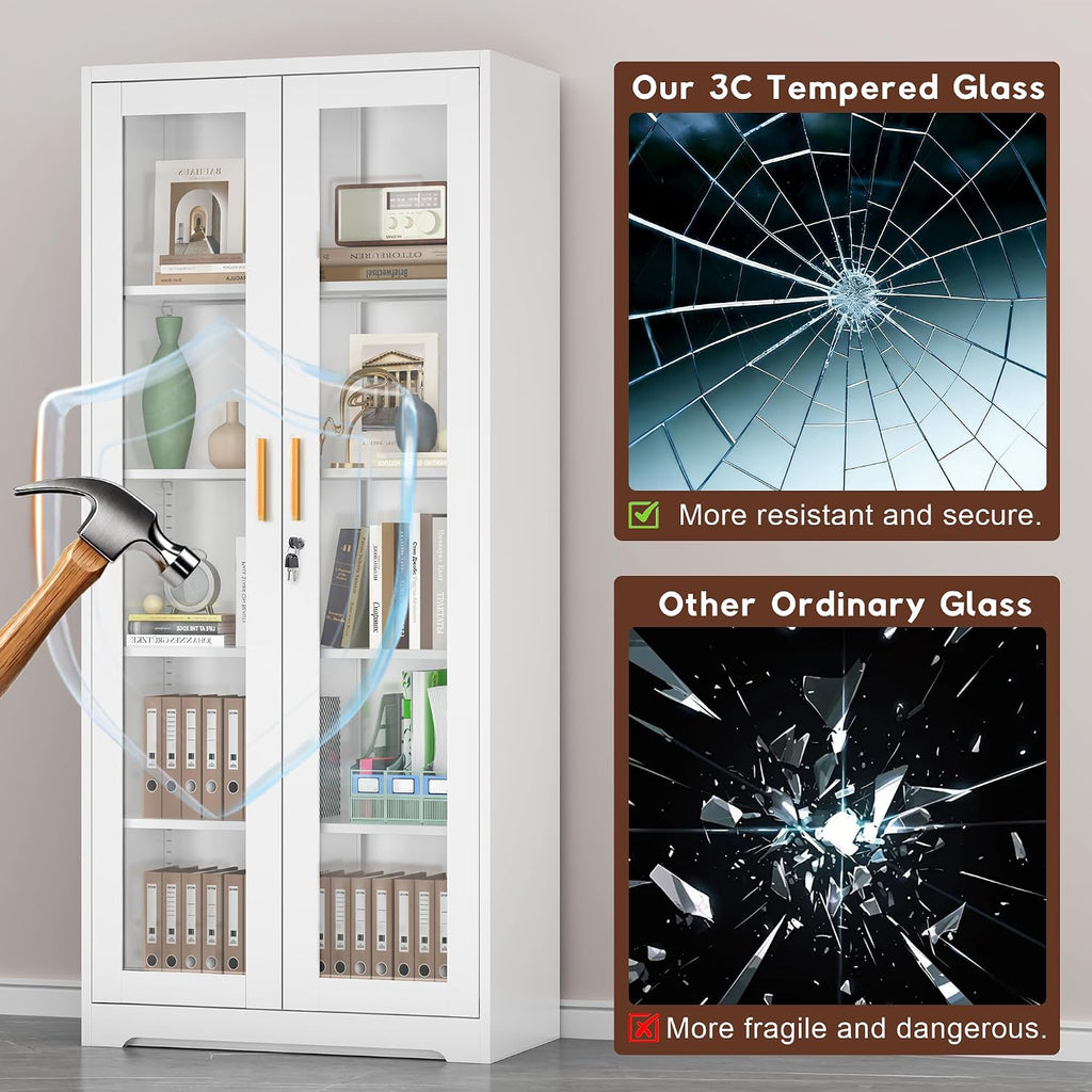 UNICOLY Lockable Display Cabinet with Glass Doors, Curio Cabinets with 4 Adjustable Shelves, Liquor Bookcase Bookshelf with Doors, Metal Storage Cabinet for Living Room Pantry, White