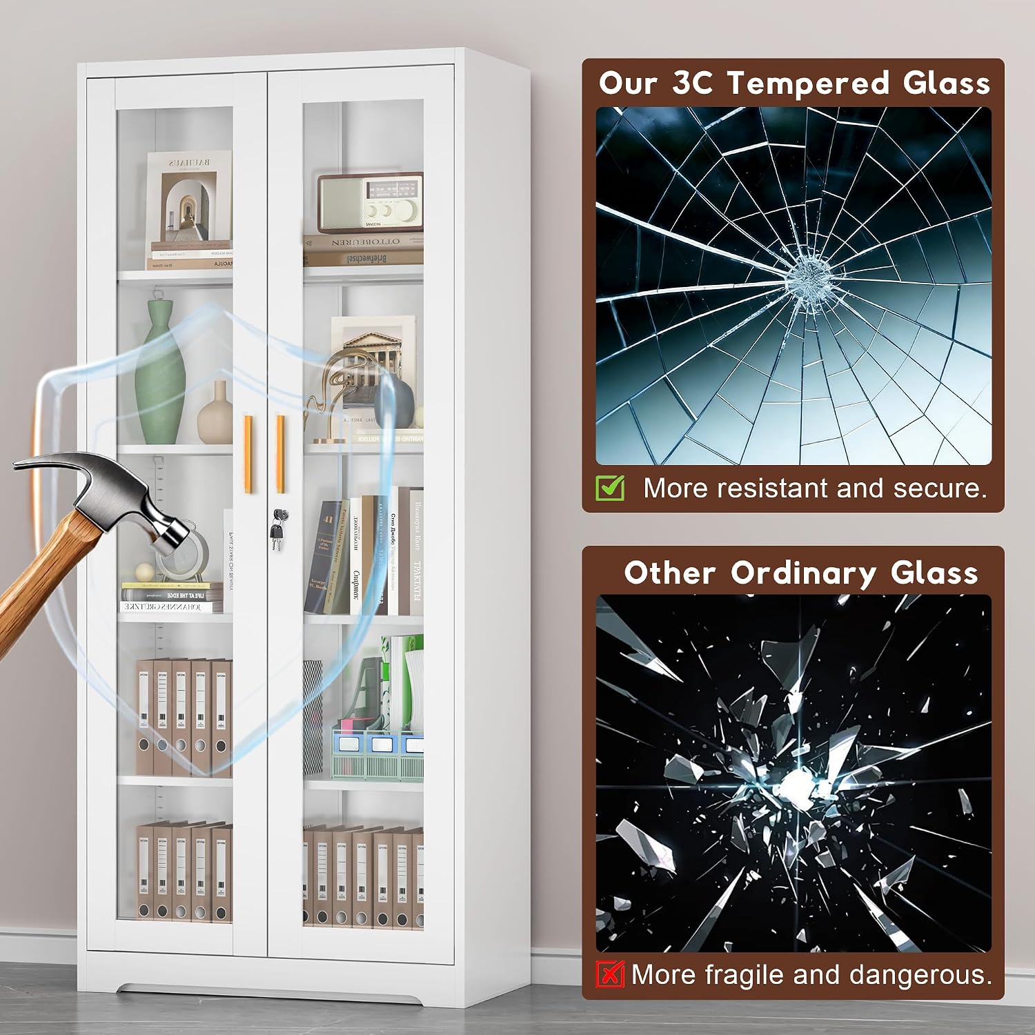 UNICOLY Lockable Display Cabinet with Glass Doors, Curio Cabinets with 4 Adjustable Shelves, Liquor Bookcase Bookshelf with Doors, Metal Storage Cabinet for Living Room Pantry, White