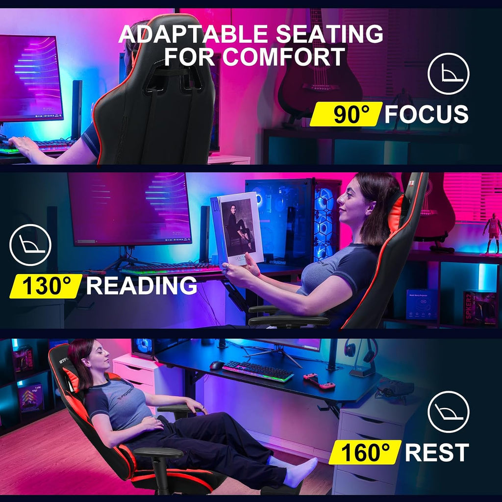 GTPLAYER Gaming Chair with Footrest, Ergonomic Computer Game Desk Chair, Reclining Game Chair Seat Height Adjustment, Swivel Rocker with Headrest and Lumbar (Red)