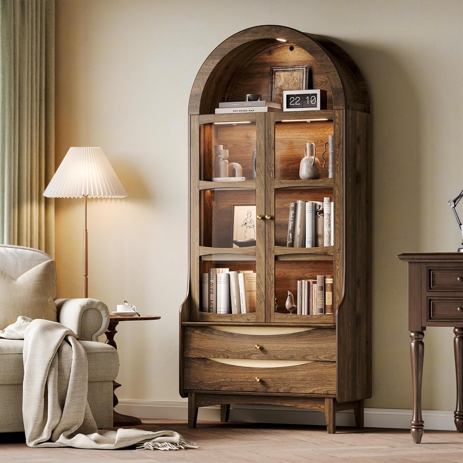 STO'SENSE 74' Tall Arched Bookshelf with LED Lights,4-Tier Modern Farmhouse Arched Bookcase with Glass Doors and Shelves,Wooden Display Cabinet with 2 Drawers for Living Room, Dining Room (Walnut)