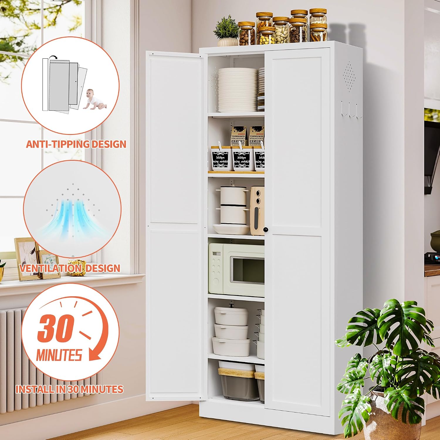 72' Kitchen Pantry Cabinet with 2 Doors and 5 Shelves,White Metal Garage Storage Cabinets,Freestanding Steel Tool Cabinet Utility Cabinets Cupboard for Kitchen,Living,Dining Room,Bathroom