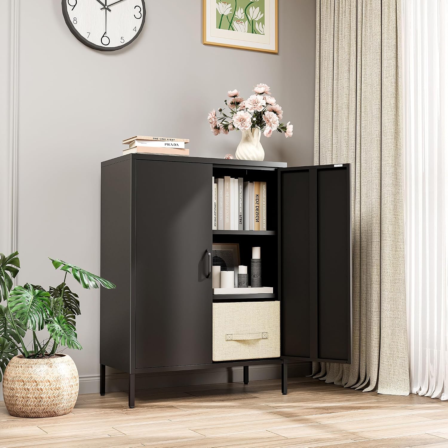Bevivog Metal Locker Storage Cabinet, Home Office Metal Storage Cabinet Small Sideboard with 2 Doors and 2 Adjustable Shelves,40' Counter Cabinets for Office Garage Bathroom Living Room Hallway