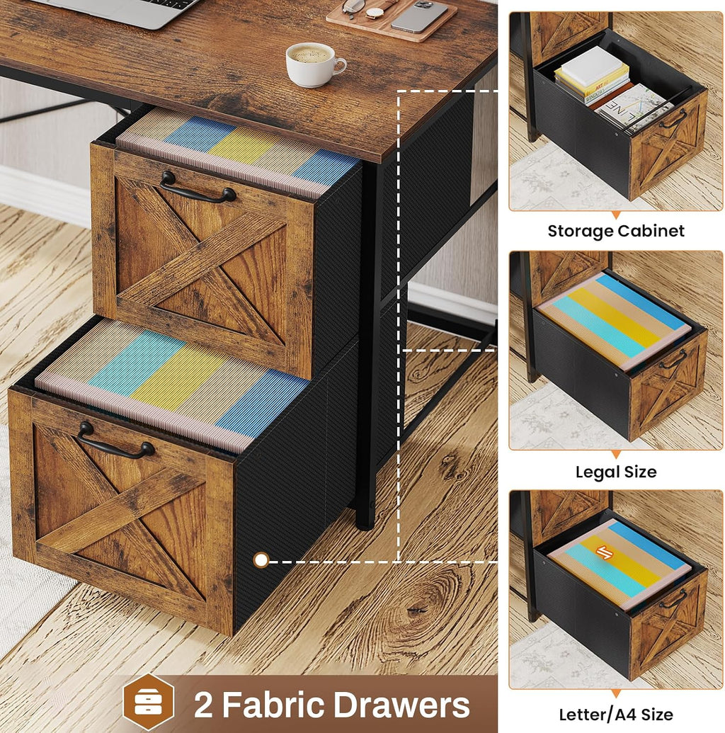 SEDETA L Shaped Desk with Drawers, 62.2' Home Office Desk with Fabric File Drawers and Power Outlet, L Shaped Desk with Hutch, Storage Shelves, LED Lights, Rustic Brown