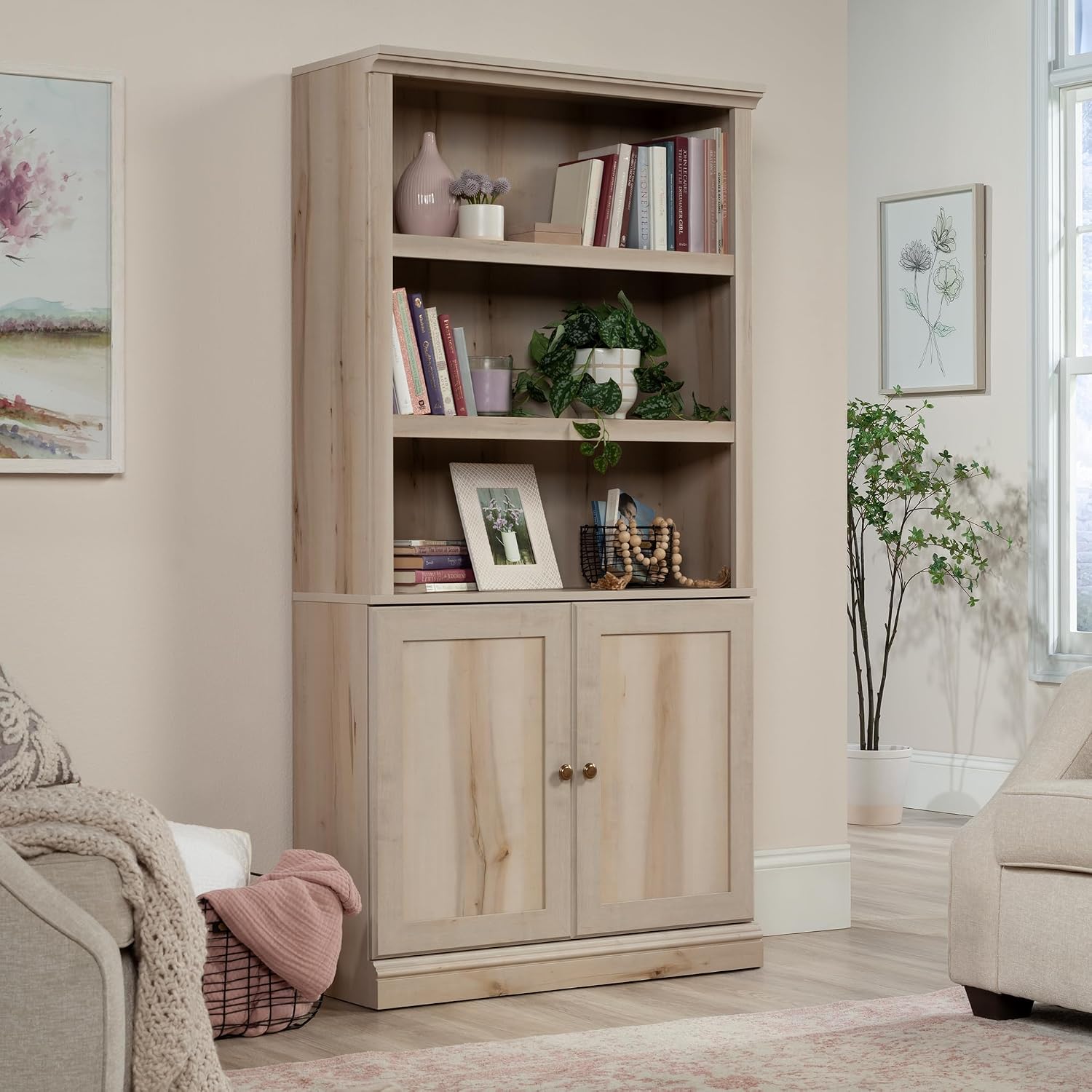 Sauder Miscellaneous Storage 5-Shelf/Book Shelf 2-Door Bookcase, Pacific Maple Finish